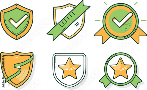 Colorful graphic design elements shields ribbons stars
