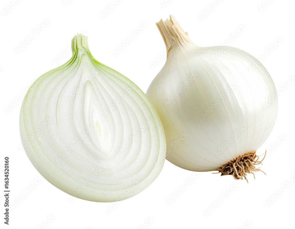 Fototapeta premium Whole and sliced white onion on transparent background