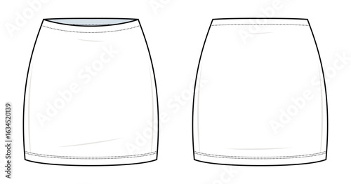 Basic High-Waist Mini Skirt Technical Fashion Illustration. Fitted Skirt Vector Template. Front and Back View. Simple Hem and Waistband Design. White Color. CAD Mockup.