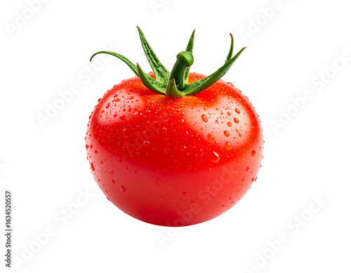 Whole red tomato with stem on transparent background