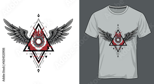 Vector Illustration of Winged Sacred Geometric Symbol with Flame Elements in Modern Style for Apparel Design