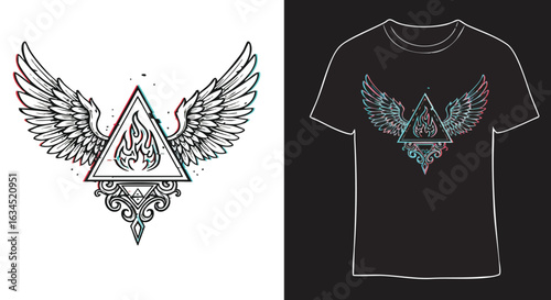 Minimalist Vector Illustration of Winged Triangular Emblem Design in Modern Style with Blue and White Colors