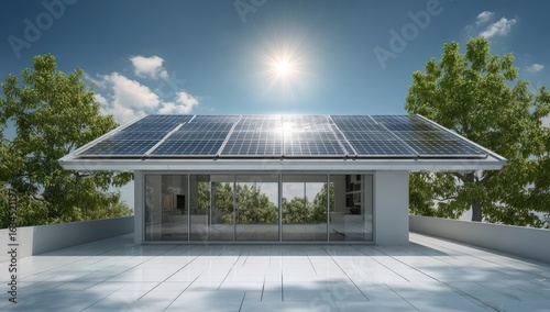 Modern home with solar panels on a rooftop patio