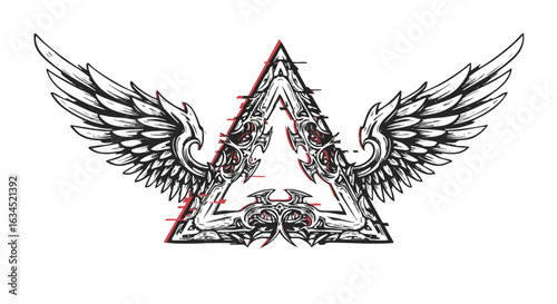 Minimalist Vector Illustration of Triangular Emblem with Winged Details in Monochrome Style