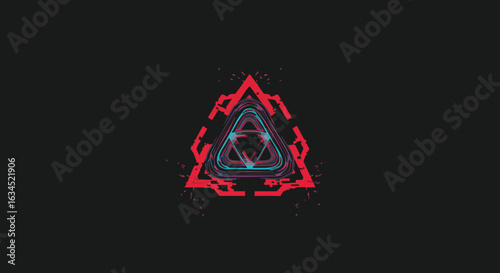 Futuristic Geometric Vector Illustration of Neon Triangular Design with Glitch Effect in Cyberpunk Style