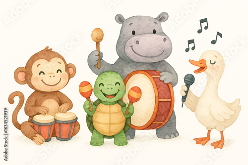 Cute jungle animal band playing music – monkey on bongos, turtle with maracas, hippo with drum, duck singing with mic – whimsical watercolor illustration for kids nursery and storybooks
