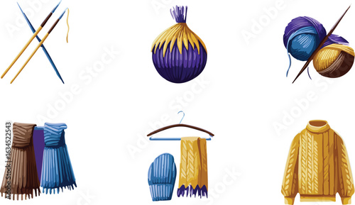 Colorful knitting supplies and garments illustration