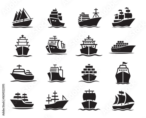 Black Silhouette Set of Boats and Ships – Vector Pack of Maritime Vessels in Various Styles for Nautical Branding, Educational Materials, and Transportation-Themed Illustrations

