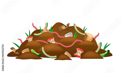 Compost pile with earthworms. Soil with humus. Vector 3d clipart isolated on white background.