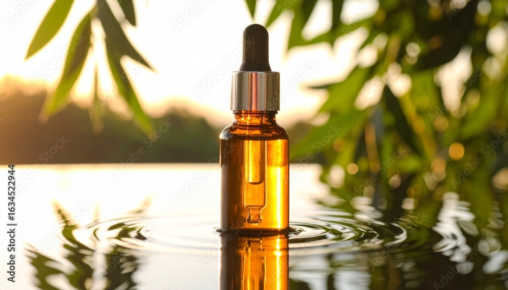 Fototapeta premium A golden dropper bottle of essential oil stands in rippling water, surrounded by lush green leaves and warm sunlight, evoking natural wellness and serene luxury.