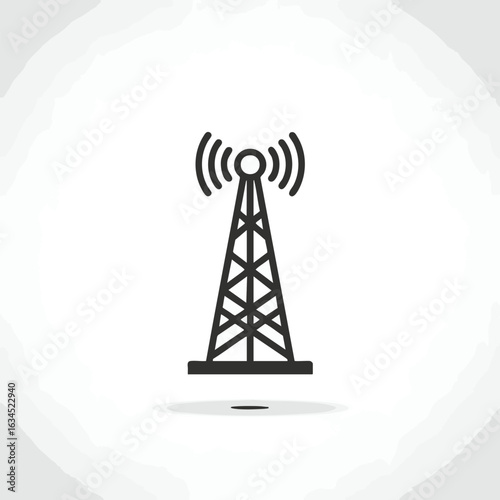 Simple line art icon of a radio tower broadcasting a wireless signal. Telecommunication and network symbol on a light background.