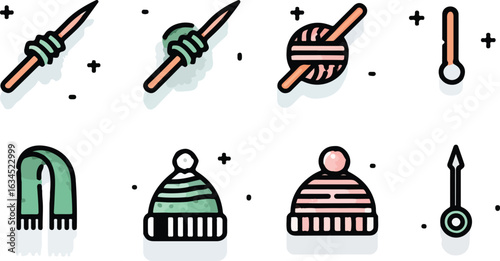 Colorful knitting tools and accessories icons