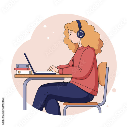 Young woman studying with headphones while using laptop at desk  