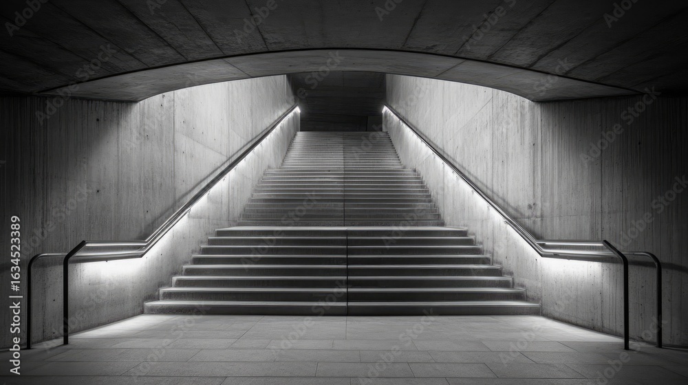 Fototapeta premium Minimalist Black and White Staircase with Futuristic Lighting in Concrete Tunnel