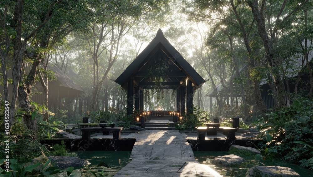 Obraz premium A serene, dark-wood pavilion in a lush tropical forest