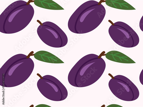 Seamless pattern with purple plums in flat style.