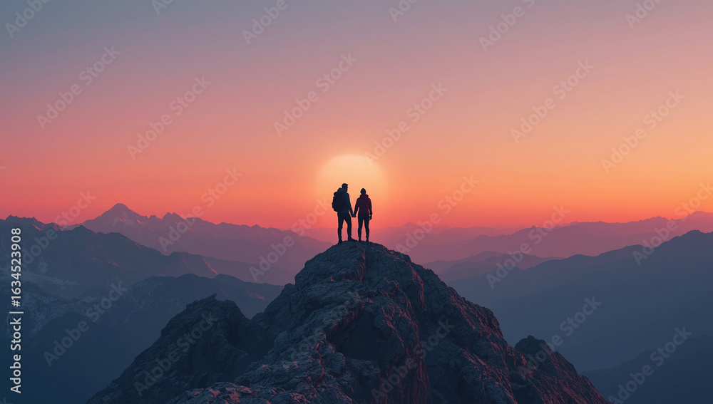 Fototapeta premium A couple stands silhouetted on a mountain peak, watching a vibrant sunrise over distant ranges.