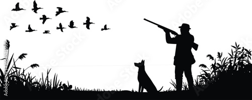 Silhouette of hunter with dog aiming at flock of birds in nature field, rural hunting scene with wildlife, outdoor adventure vector illustration landscape.

Art & Illustration
