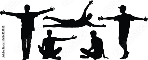 Silhouettes of men in various poses with open arms and seated positions, isolated vector illustration, body language expression, human gesture collection design element.

Art & Illustration