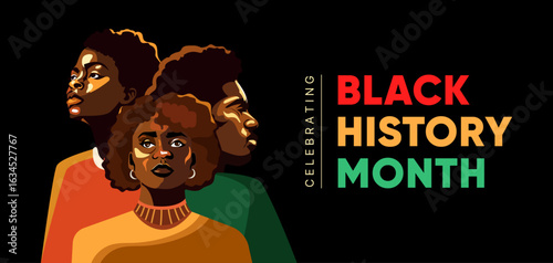 Black History Month celebrate banner illustration with three strong African American portraits with bold expressions for posters social media campaigns, educational , cultural celebration . Vector
