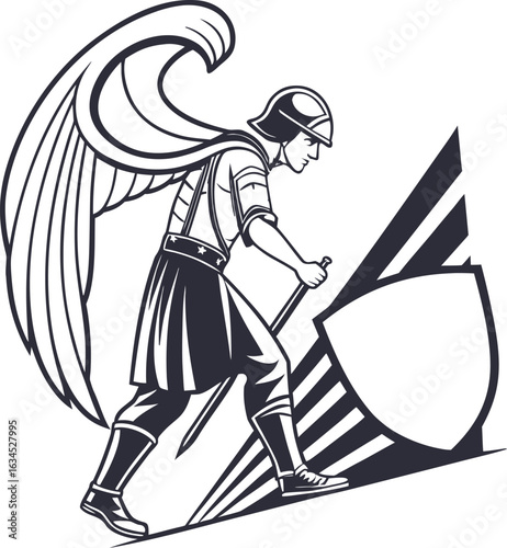 Black and white illustration of a man with a sword and a woman dancing