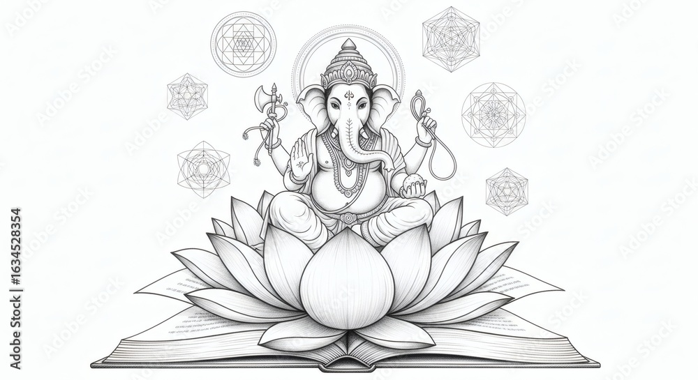 Obraz premium Elegant black and white line art of Lord Vinayaka sitting on a lotus flower emerging from a book of wisdom