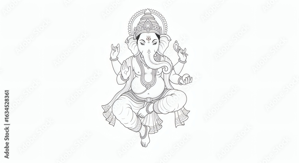 Obraz premium Elegant line art illustration of the Hindu deity Lord Vinayaka in a meditative pose on a white background.