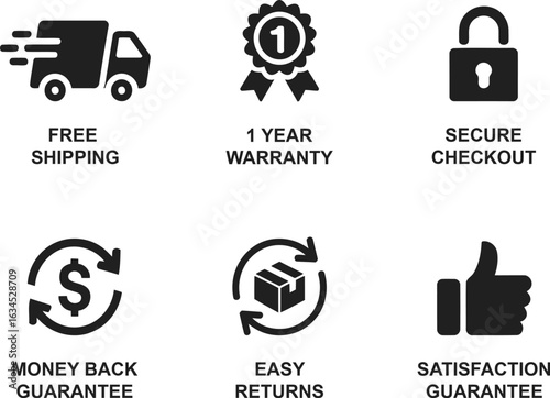 e-commerce icons set showing free shipping, warranty, secure checkout, easy returns, money back and satisfaction guarantee