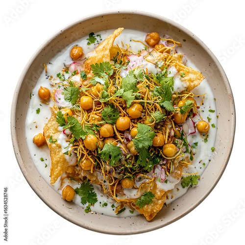 Plate of papri chaat with chickpeas yogurt on transparent background