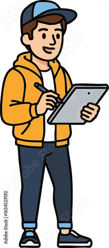 A cheerful young man in a hoodie and baseball cap uses a stylus to draw on a tablet, embodying modern creativity.