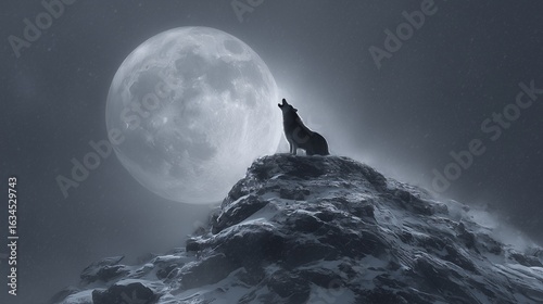 Lone wolf howling at a full moon on a icy mountain peak