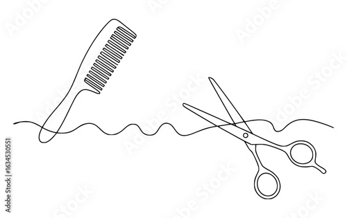 Minimalist black and white line drawing of scissors and comb line art