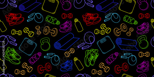 Seamless vector pattern with neon colored gym and fitness equipment with sneakers dumbbells kettlebells yoga mats scales and water bottles on a black for sportswear packaging posters . Vector