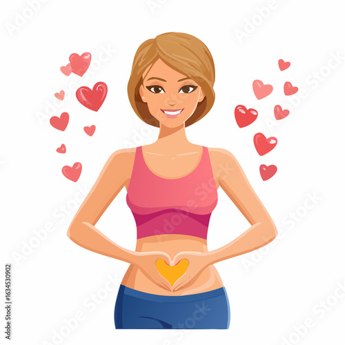 A smiling woman makes a heart shape with her hands over her abdomen, surrounded by floating hearts.