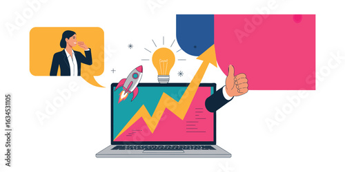 Business growth and innovation concept with rocket launch from laptop, upward graph, light bulb, speaker, and thumbs-up – vector illustration.