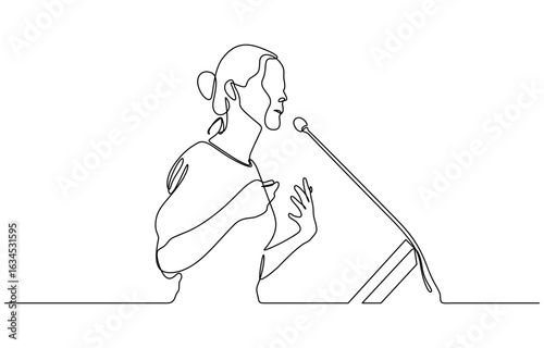 Single one line drawing of Business presentation woman trainer talking microphone vector illustration. Editable outline