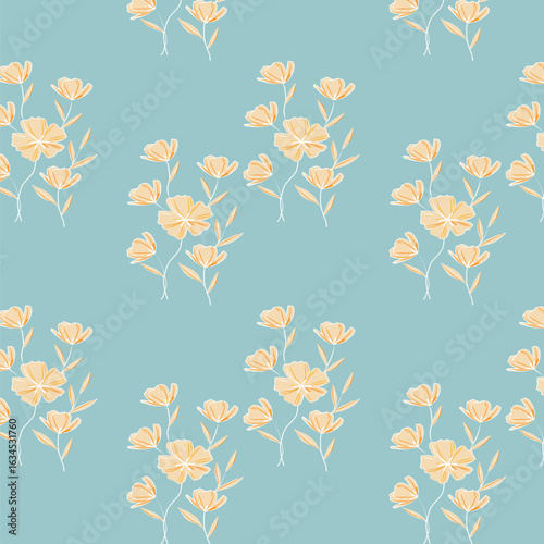 Cheerful Flower Pattern with Daisies and Tulips on Beige

