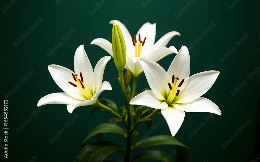 Naklejka premium White Lilies on Dark Green Background. High quality