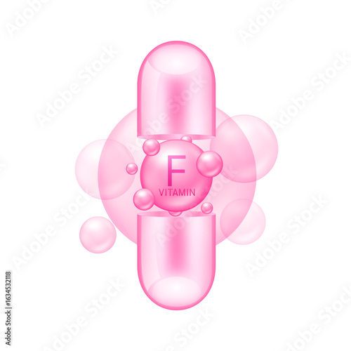 Pink vitamin F or Linoleic Acid in open capsule vertical on white background. Pill vitamins complex collagen. Used for design cosmetic or dietary supplement products. 3D vector.