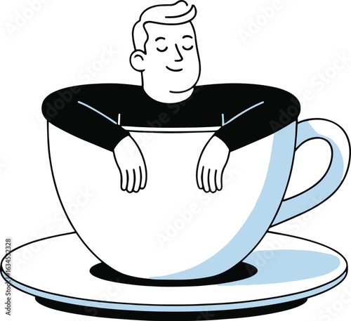 Man relaxing contentedly inside a large coffee cup, embracing calm moments