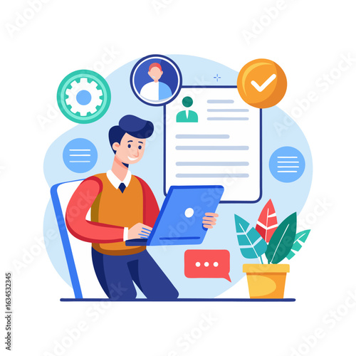 Human Resources Manager Reviewing Resume Document for Job Interview Process in Office — Recruitment Concept Illustration in Flat Vector Style