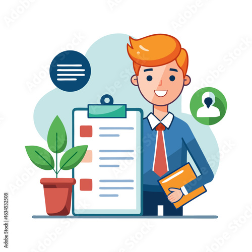 Human Resources Manager Reviewing Resume Document for Job Interview Process in Office — Recruitment Concept Illustration in Flat Vector Style