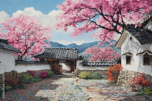 A serene Japanese village path, under blossoming pink cherry trees