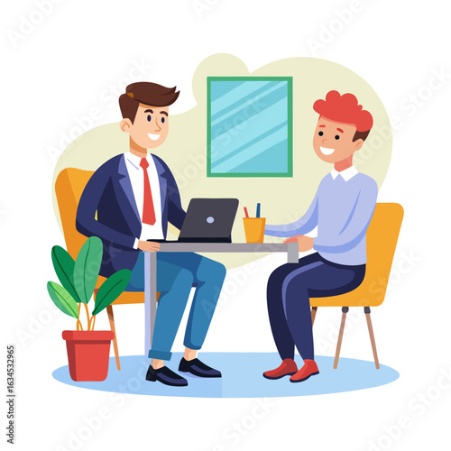 Professional male boss conducting job interview with candidate in modern office setup, HR hiring process, recruitment conversation illustration.