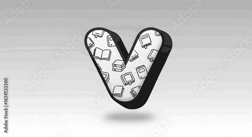 Stylized 3D letter V filled with a book pattern, a concept icon for education, literature, or a library.
