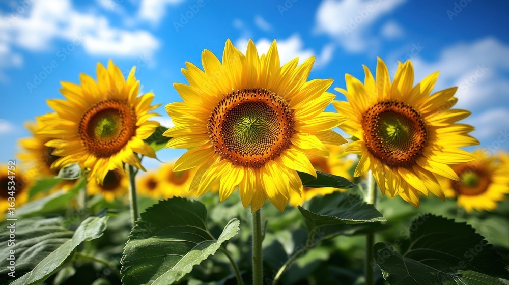 Fototapeta premium Three vibrant sunflowers against a bright sky