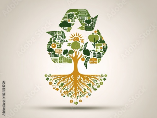 Flat Design Earth Day Composition: Recycle Symbol Formed by Tree Roots Holding Energy Icons in Warm Green Palette