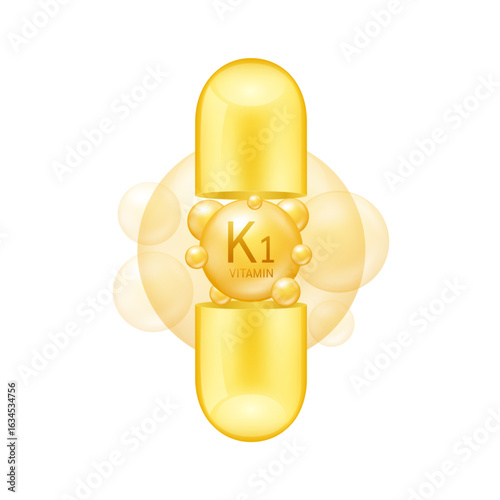 Open capsule vertical with orange vitamin K1 on white background. Pill vitamins complex collagen. Used for design cosmetic or dietary supplement products. 3D vector.