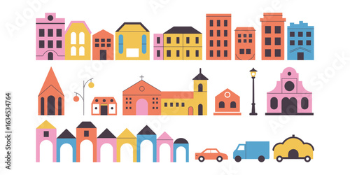Colorful cityscape with diverse buildings, vehicles, and street elements – playful vector illustration featuring houses, churches, and trees.