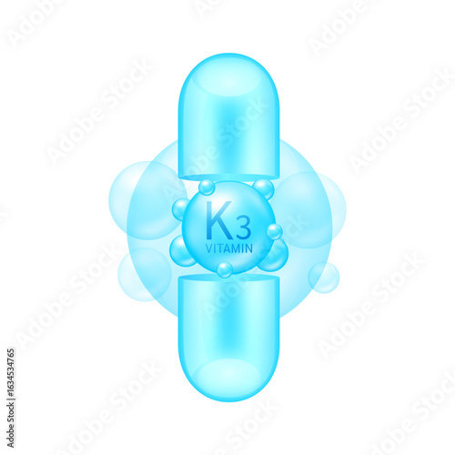 Open capsule vertical with blue vitamin K3 on white background. Pill vitamins complex collagen. Used for design cosmetic or dietary supplement products. 3D vector.